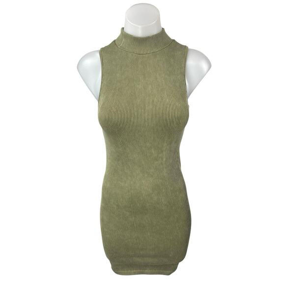 Forever 21 Olive Green Sleeveless Rib High Neck Mini Bodycon Sweater Dress S/M - Picture 1 of 4